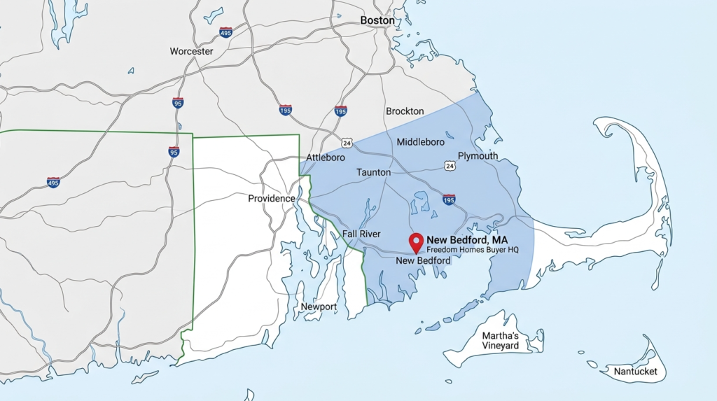 Map of where Freedom buys, centered on New Bedford and covering Bristol County and nearby Plymouth County towns.