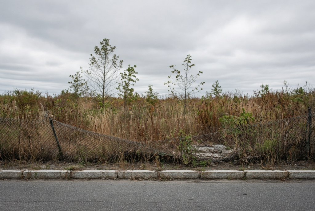Overgrown vacant lot in a southeastern Massachusetts neighborhood.