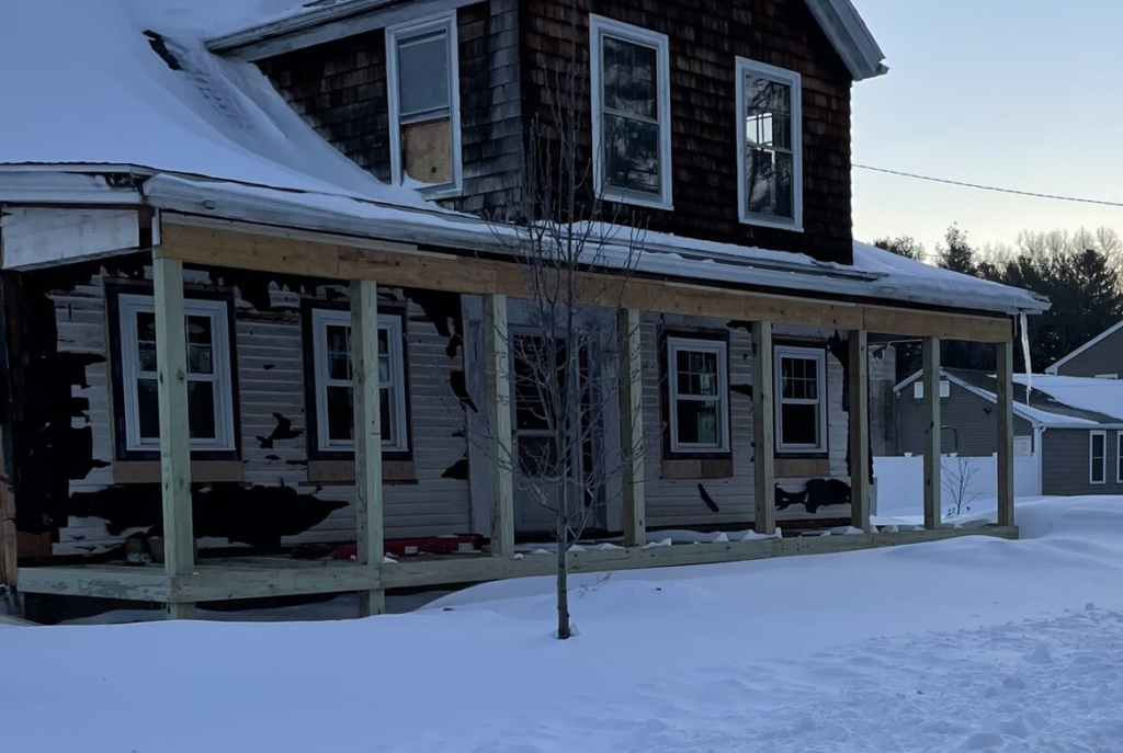 House with a rebuilt porch frame in southeastern Massachusetts