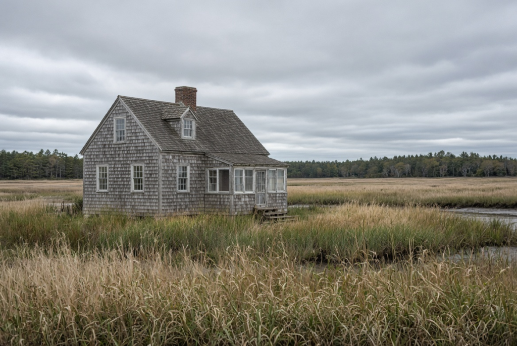 A house on a lot near wetland vegetation.