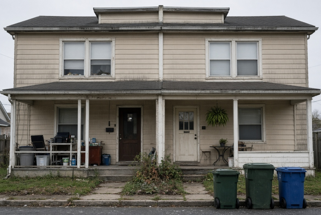A modest house with a cluttered porch.